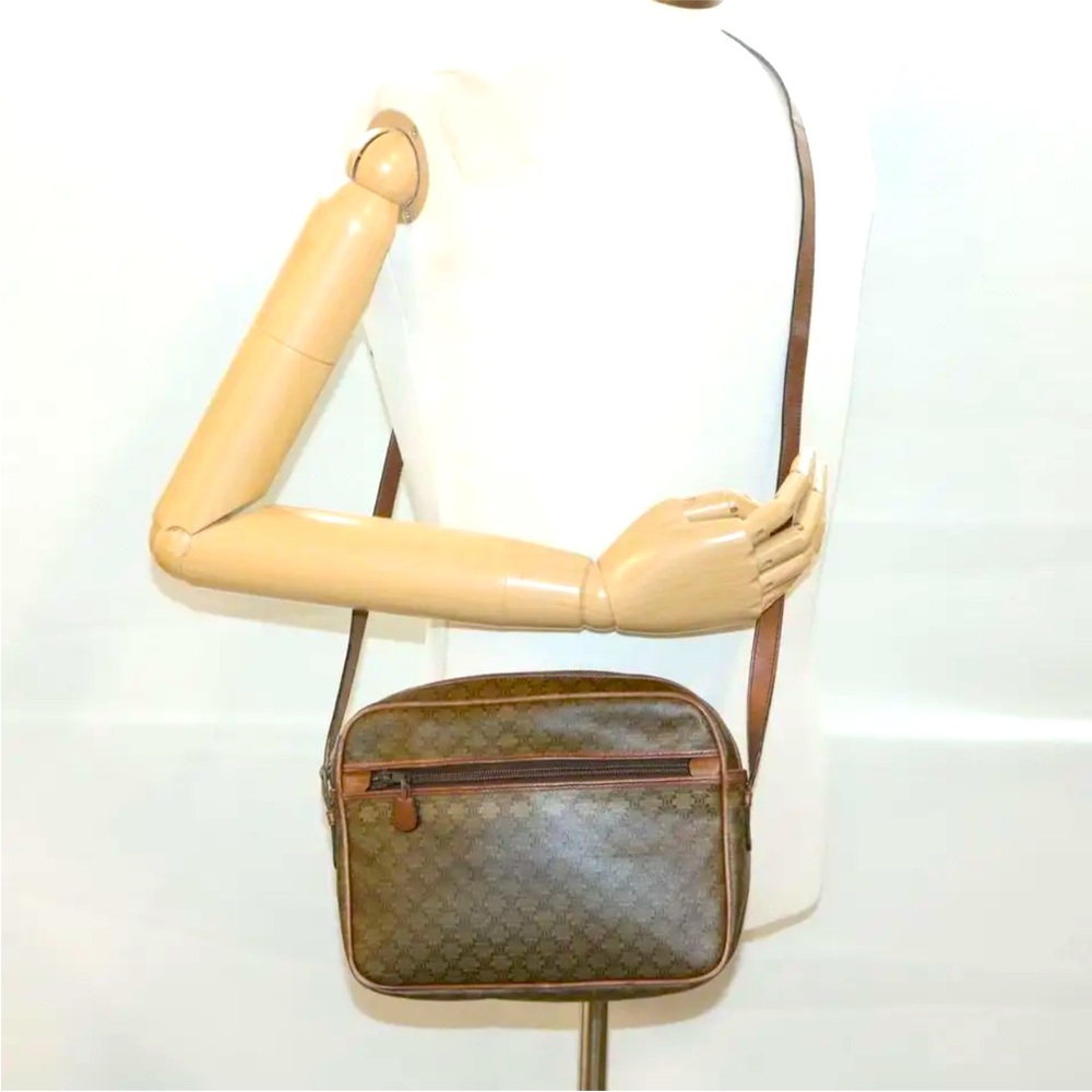 CELINE Macadam Canvas Shoulder Bag PVC Leather Beige